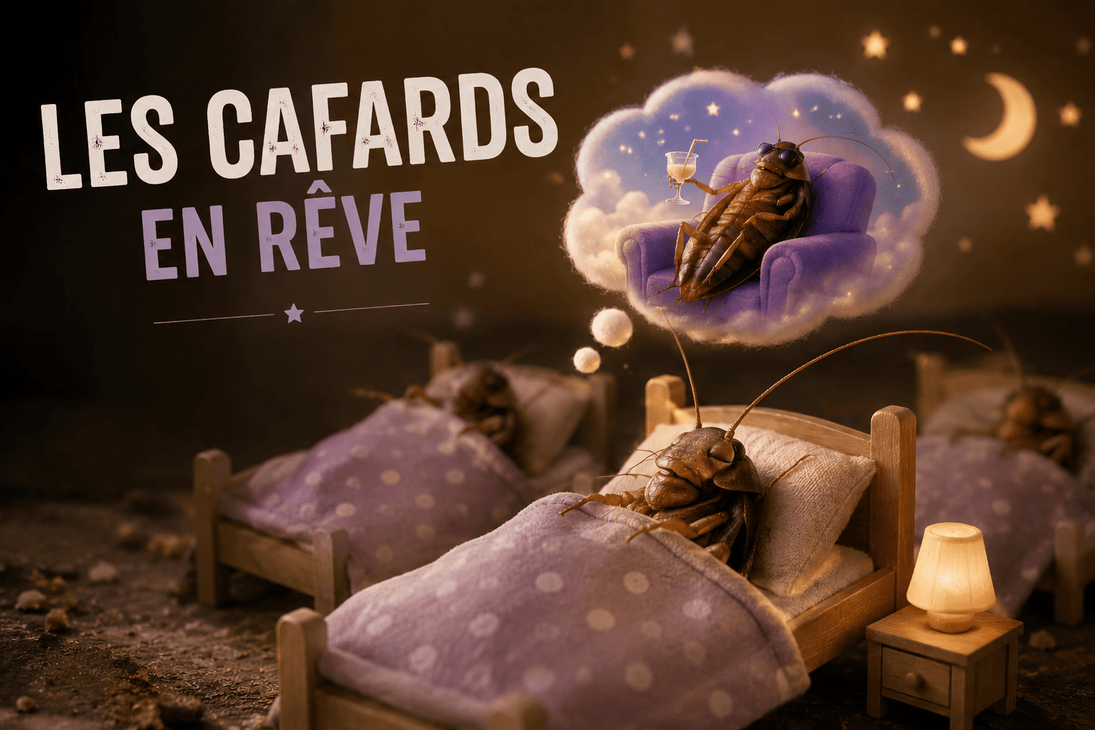 Cafards endormis dans des lits miniatures, l'un rêvant qu'il sirote un cocktail dans un fauteuil violet — illustration de l'interprétation islamique du rêve de cafards
